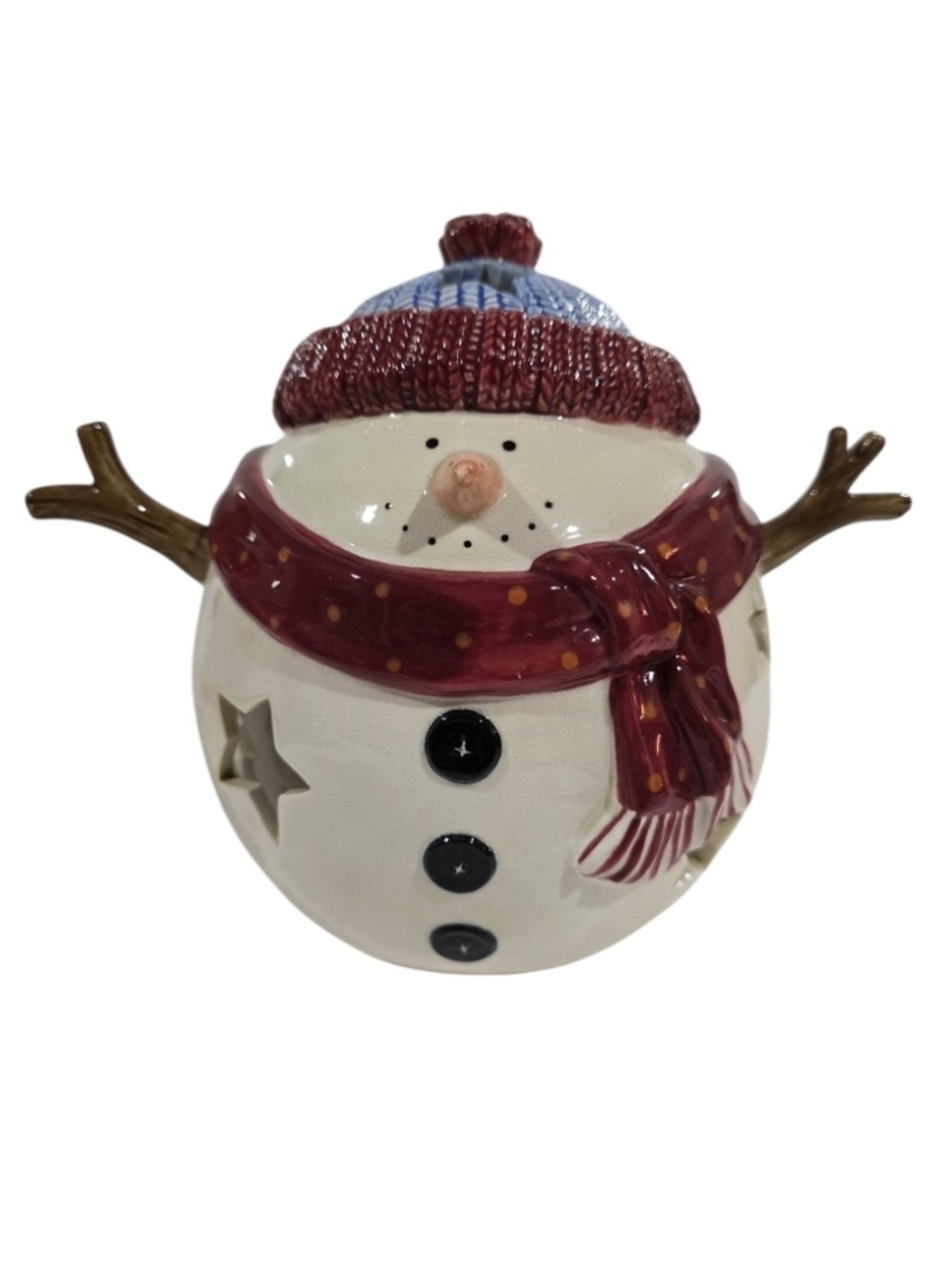 Vintage Winter Lights stoneware snowman tea light candle holder luminary OIB